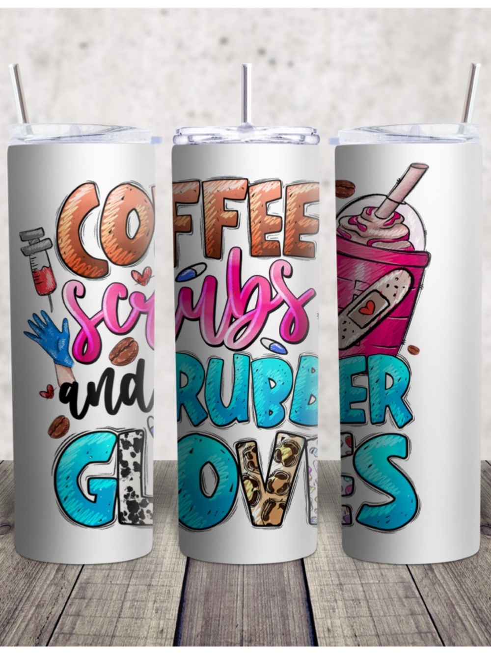 White Tumbler with Colorful 'Coffee Scrubs and Rubber Gloves' Design